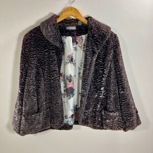 Kate Hill Plush Brown Faux Fur Jacket Floral Lining Cropped Coat Size 16